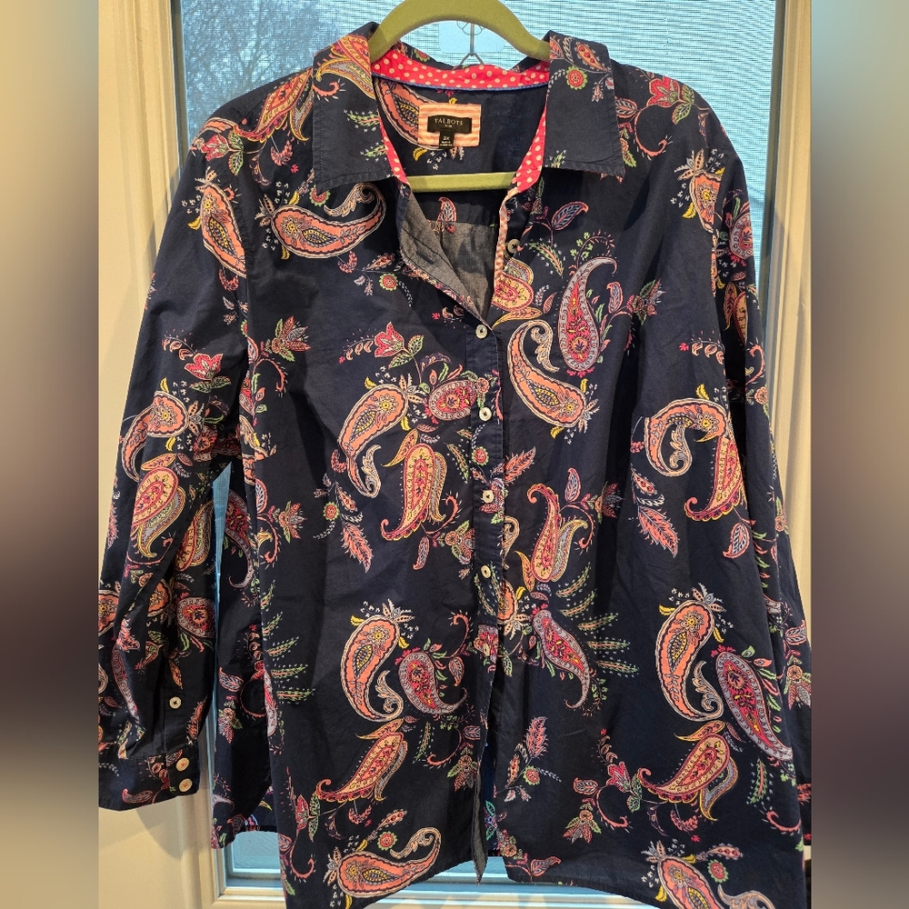 Talbots Plus 2X Navy Paisley Button Down Shirt Cotton Colorful